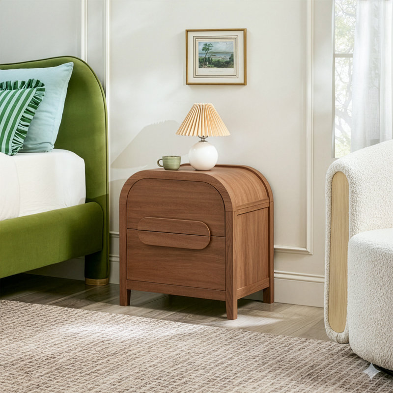 Sitarski Modern Curved 2 Drawer Nightstand, Medium Brown Oak