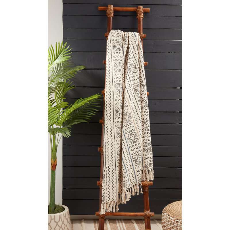White Cotton Mudcloth Design Throw Blanket with Fringe