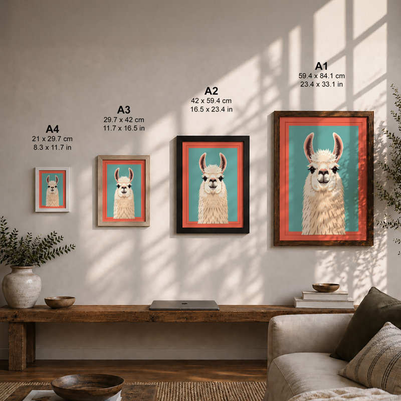 Serene Llama Modern - Framed Print, A3 - 42.0 x 29.7 cm, Walnut