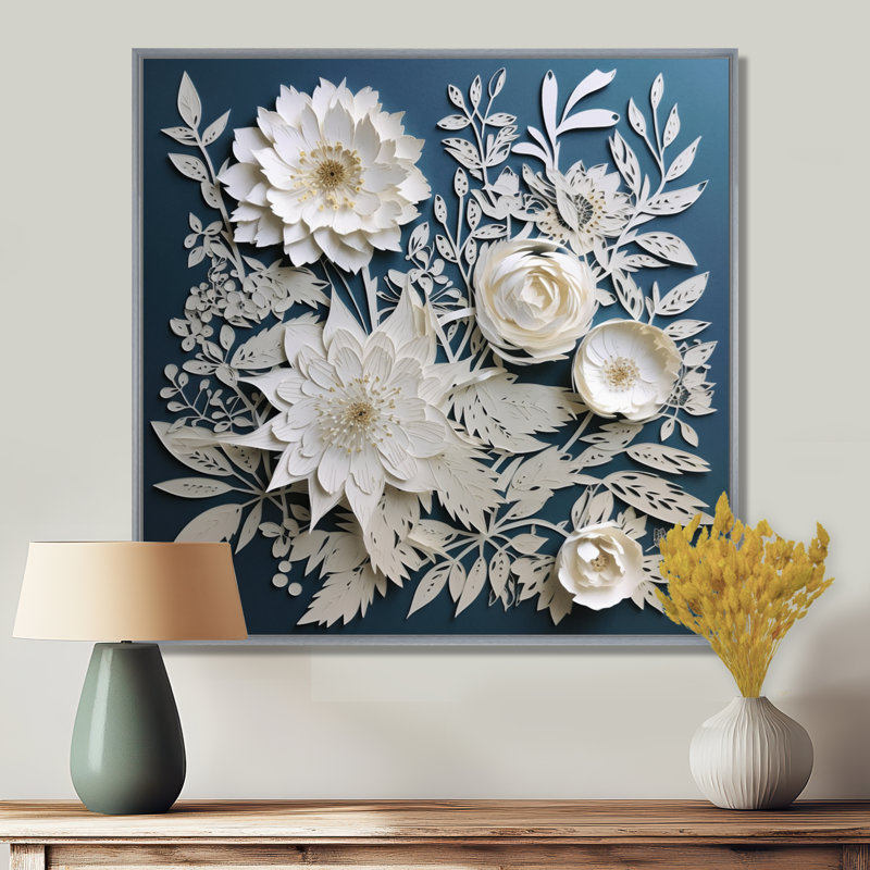 «Ryot White and Blue Flowers Bouquet Elegance», reproduction sur toile, H 16 po x l 16 po, Encadrement argenté