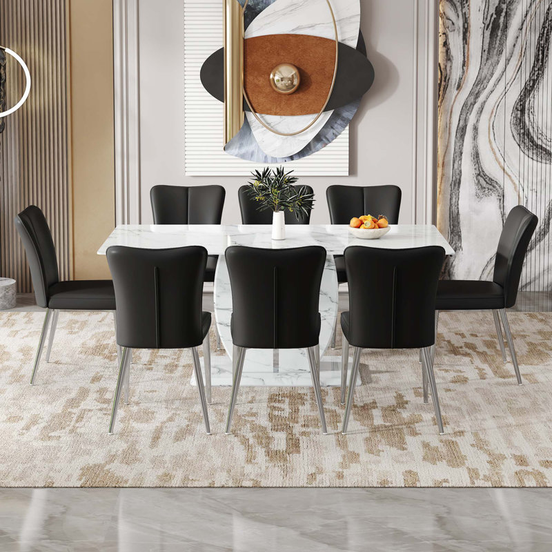 Ensemble de table et de chaises Willistine, ensemble de salle à manger moderne simple en marbre avec chaises en polyuréthane, autocollant en marbre, plateau de table en verre trempé, avec pieds de chaise arqués en métal