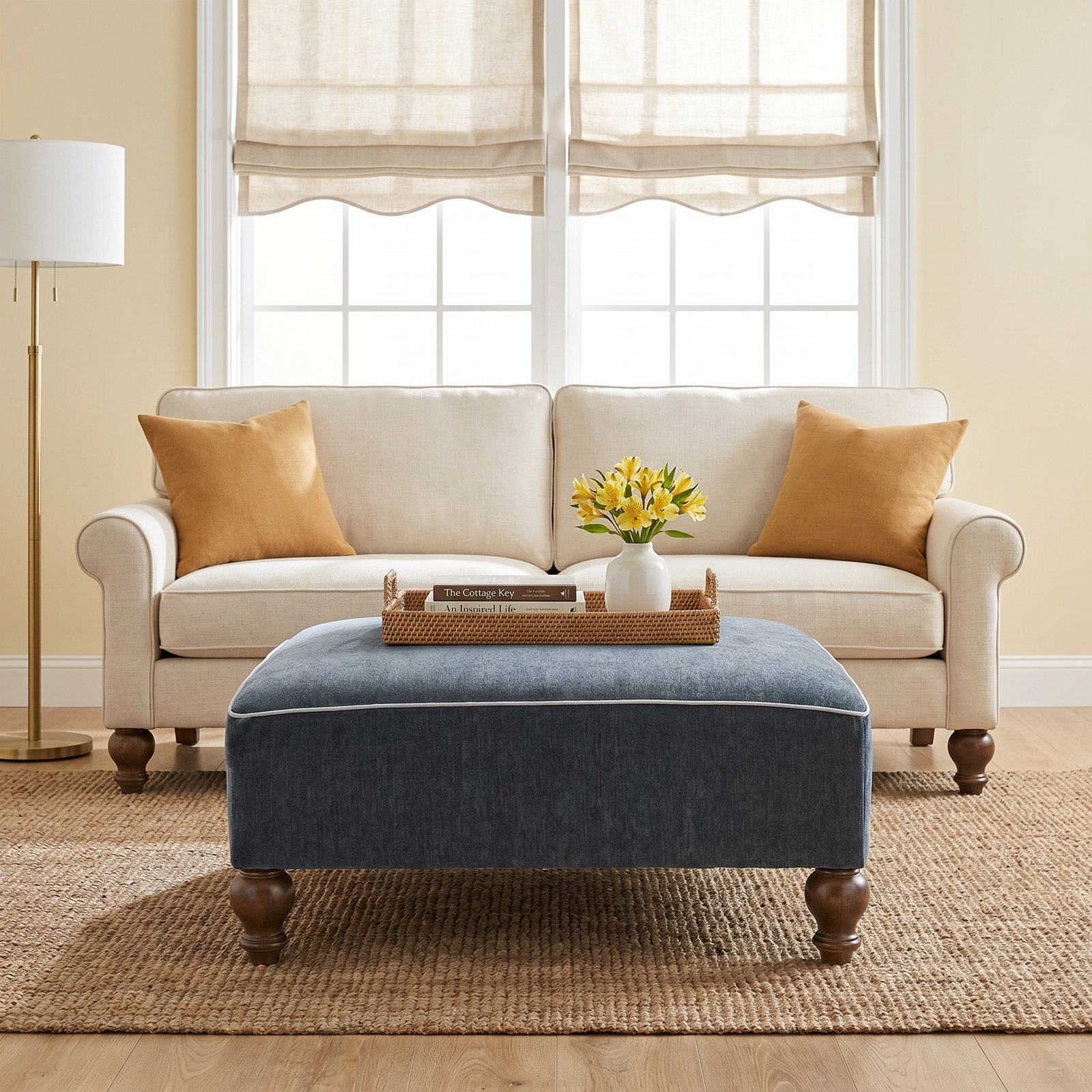 39" Ottoman, Cream/Blue/Green
