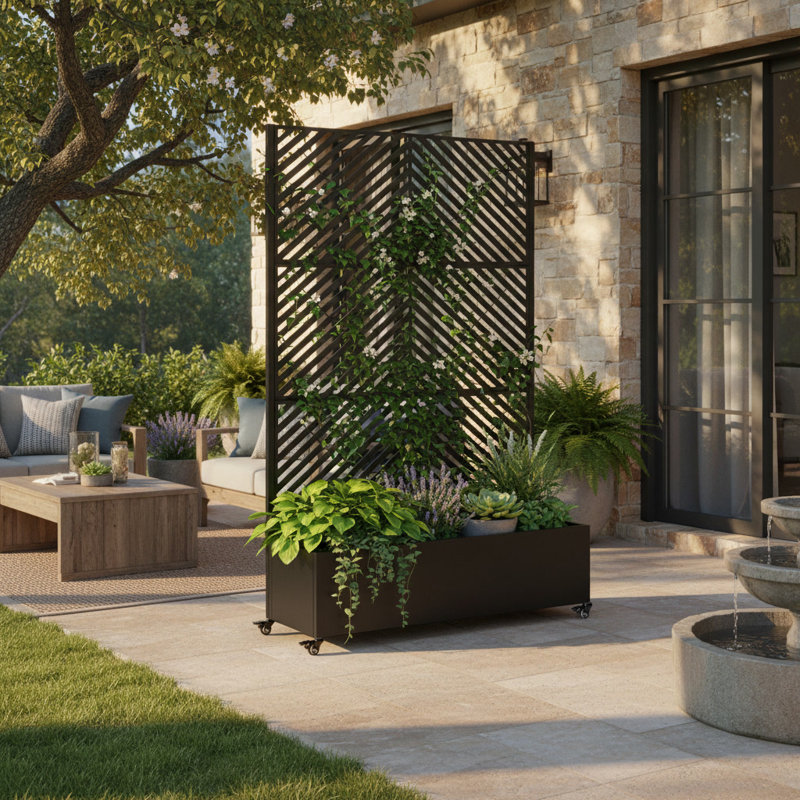 Lit de jardin surélevé en métal avec roues et treillis 73 po x 47 po x 16 po Boîte à fleurs pour grimper les légumes, la vigne et l'écran d'intimité avec drainage