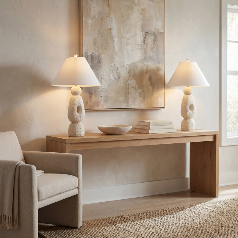 Henge 28" Organic Minimalist Textured Resin/Metal Stacked LED Table Lamp, Antique White