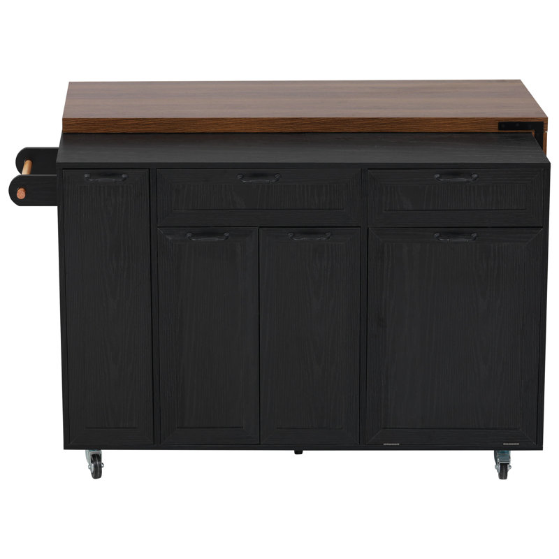Îlot de cuisine Hawke avec table de salle à manger extensible, armoire de rangement et roulettes, Noir