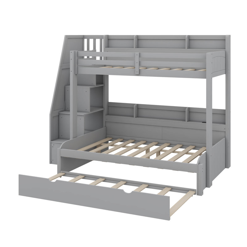 Twin Over Full Bunk Bed With Trundle Bed & Storage Steps, Full-Length Safety Rails, Built-In Storage & USB Charging Ports