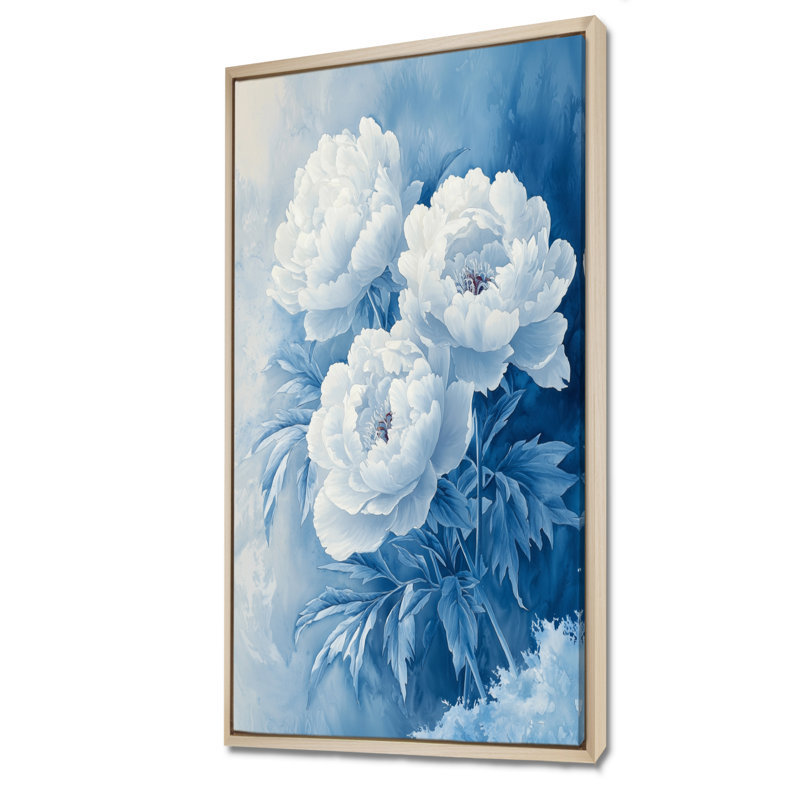 Décoration murale pivoines givrées I - Pivoines, H 60 po x l 28 po, Reproduction avec cadre flottant, Crème, crème