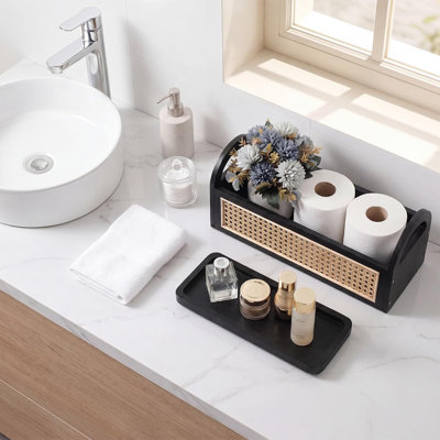 Ensemble de 2 paniers de rangement pour salle de bain et plateau de meuble-lavabo en bois de rotin avec poignée et petit plateau de meuble-lavabo rectangulaire pour salle de bain