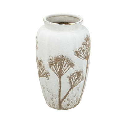 White Ceramic Cylinder Vase with Brown Botanical Design - 13.8" H Tall Decorative Flower Vase for Living Room, Dining Table, and Mantel Display