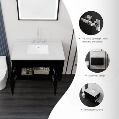 Meuble-lavabo flottant 36 po avec lavabo 36 po, porte à fermeture douce, comptoir et dosseret en marbre de culture blanc Carrara 2 po