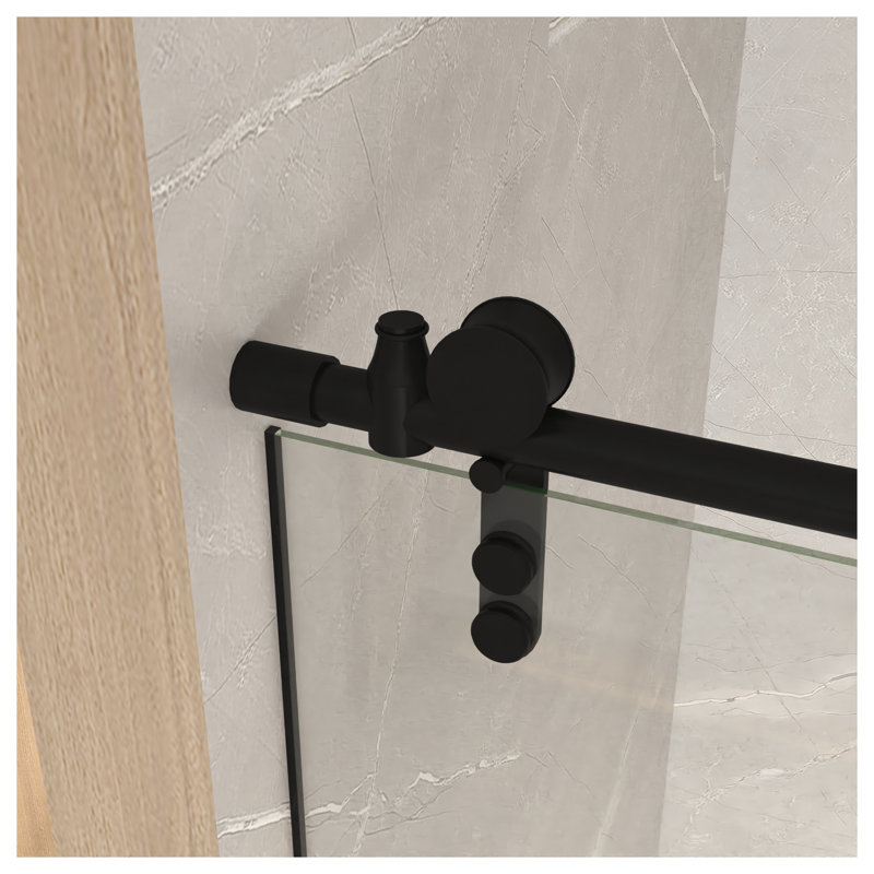 Porte de douche coulissante sans cadre l 44 à 48 po x H 76 po avec cadre en acier inoxydable noir mat en verre trempé de 5/16 po (8 mm) pour salle de bain moderne