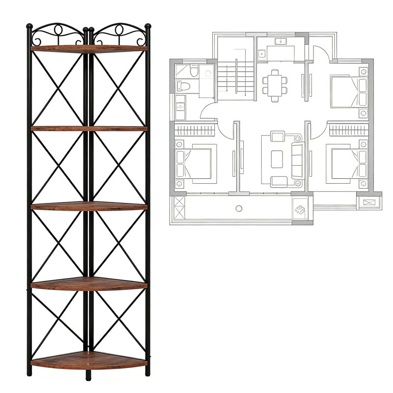 Étagère d'angle à 5 niveaux, grande bibliothèque d'angle avec structure en métal, étagère de rangement peu encombrante pour le salon, la chambre à coucher, le bureau, la cuisine, finition brun rustique