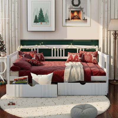 Full Daybed with Storage Drawers, Day Bed Sofa Bed with Wooden Slats Suppor for Bedroom, White by Gracie Oaks