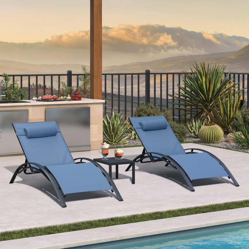 3 pcs Outdoor Chaise Lounge Set Oversized Aluminum Patio Set with Side Table, Indigo