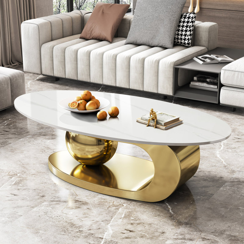 Table basse 49,2 pouces ovale en faux marbre pour salon avec base en acier inoxydable, Gray