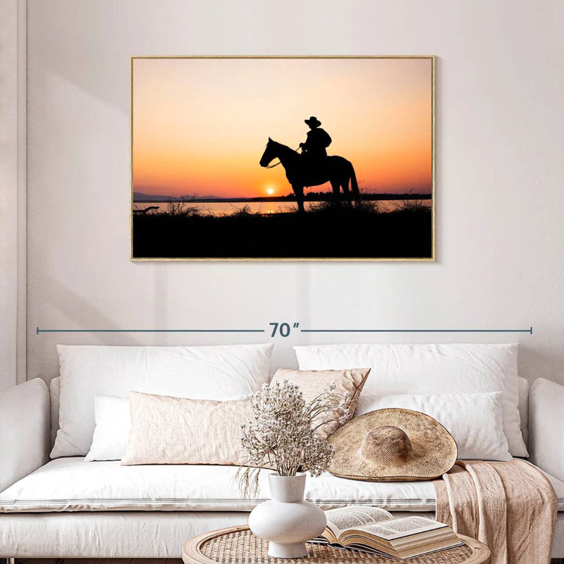 Silhouette de cowboy, Cadre flottant en bois naturel, 43 po x 29 po