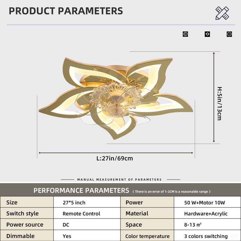 Ventilateur de plafond 27 pouces avec lumières, télécommande 3 températures de couleur, ventilateur à 6 vitesses