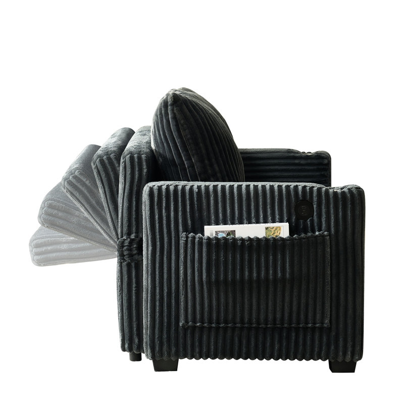Lit-lit en velours côtelé gris avec 5 positions d'inclinaison, dossier réglable, conception escamotable, ports et porte-gobelets, lit, angles, charge, supports, poches latérales pour espaces compacts