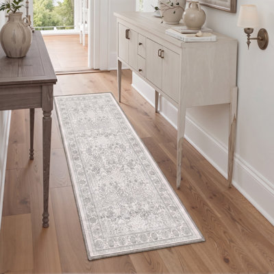 Tapis de corridor gris à motif floral botanique vintage, lavable à la machine, aspect vieilli, antidérapant.