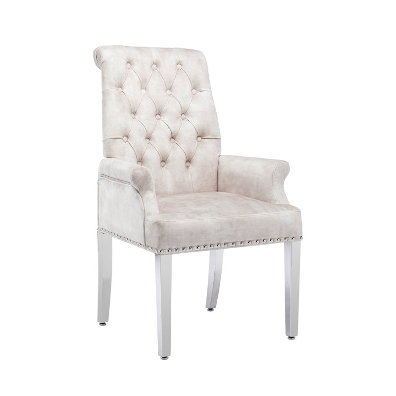 Upholstered Tufted Arm Dining Chairs, Velvet Beige
