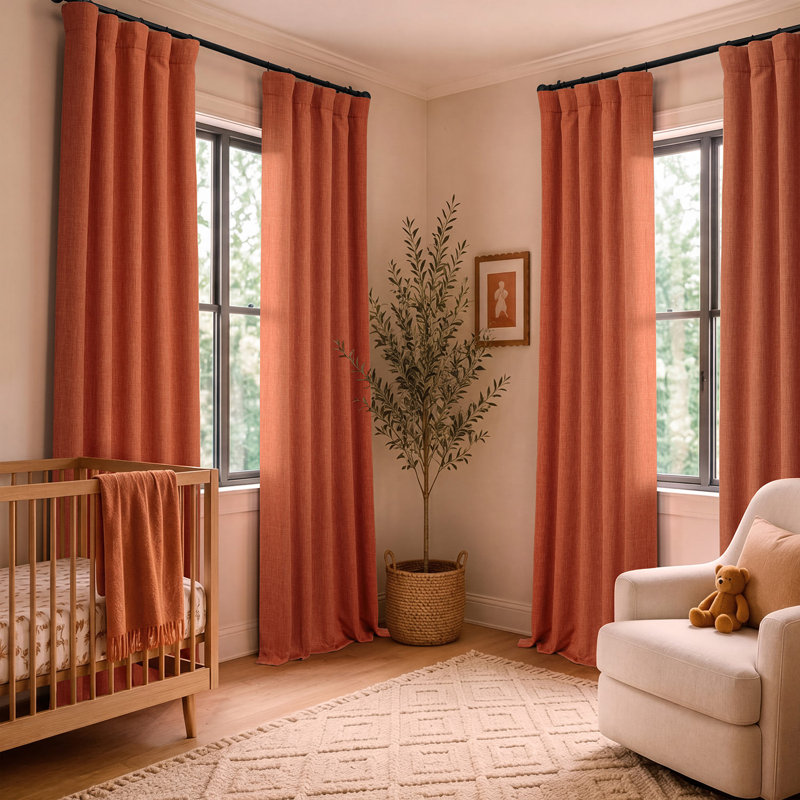 Ottis Faux Linen Room Darkening Curtain Panel, Desert Orange, 50" W x 108" L