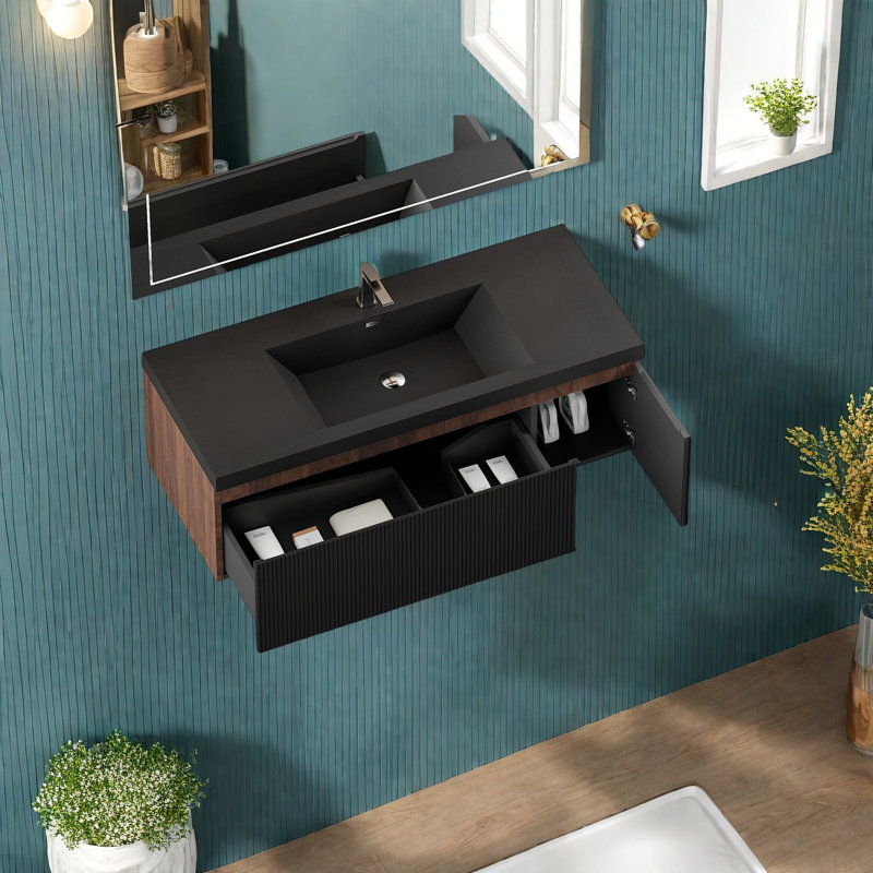 Meuble-lavabo flottant moderne en noyer avec lavabo à quartz noir