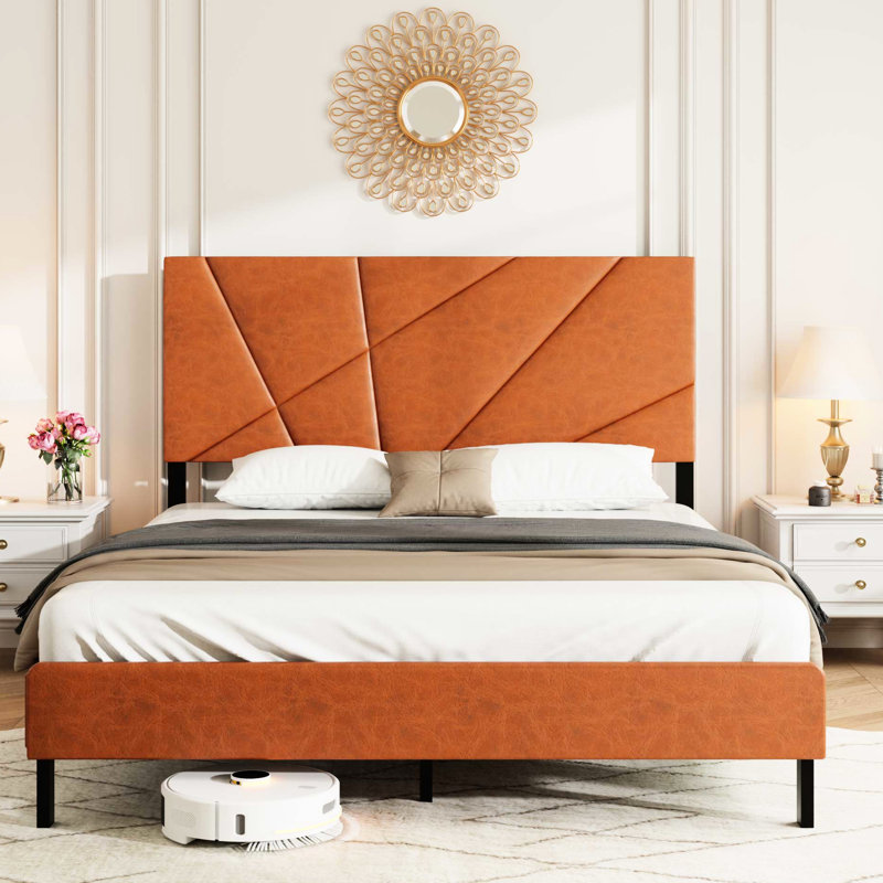Lit plateforme en métal brun antique antique, carré avec rangement sous le lit, matelas rembourré sans ressorts, structure, cadre de chambre à coucher en brun rétro, tête de lit, plateforme, sommier tapissier, facile à installer