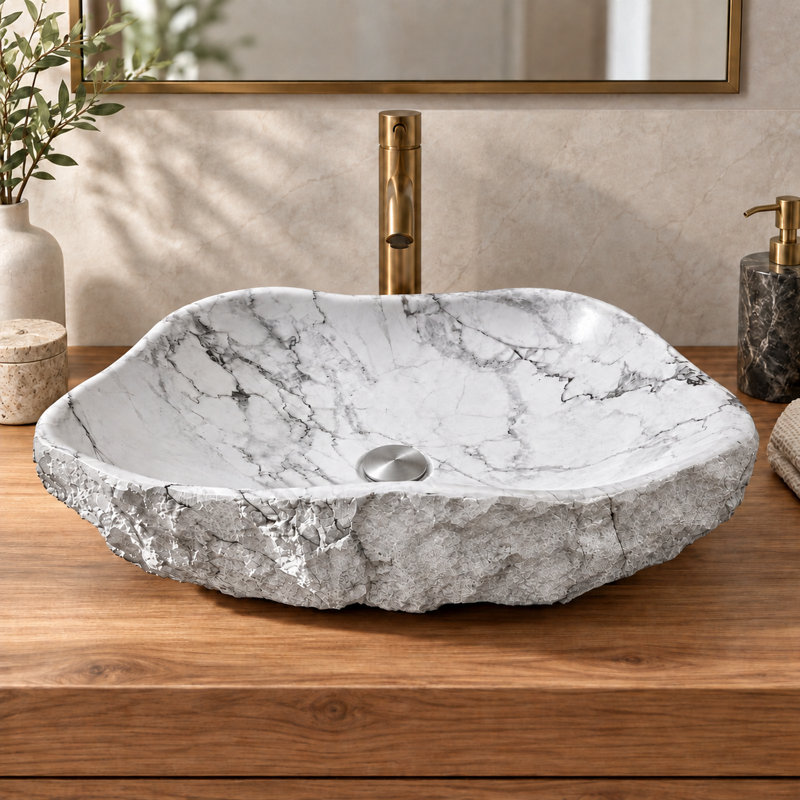 Lavabo de salle de bain vasque ovale à surface solide 19 "avec extérieur en pierre ciselée en gris et blanc moucheté