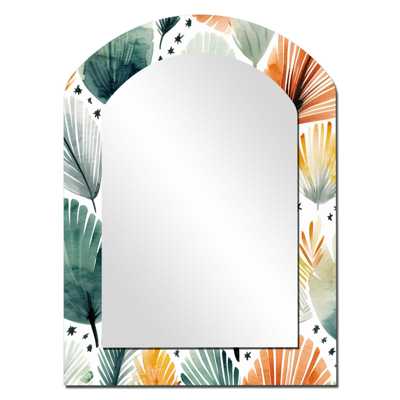 Teal Orange Scandinave Floral Elegance - Abstract Asymmetrical Decorative Wall Mirror, Teal Arch Large Mirror, Printed Metal Art