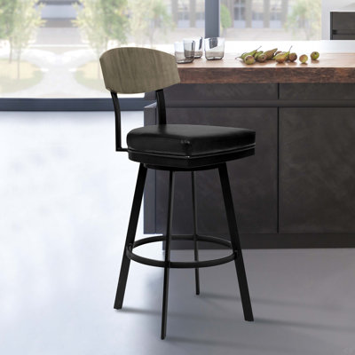 Tabouret de bar de 30 po de hauteur au fini noir mat avec similicuir noir et noyer gris