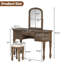 Ensemble de coiffeuse vintage de 46 pouces avec 5 tiroirs, miroir incurvé à cadre floral et tabouret en cuir, couleur espresso