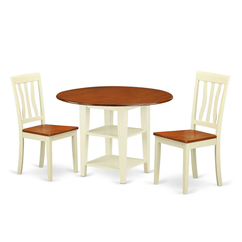 3-Piece Buttermilk and Cherry Finish Round Solid Wood Top Dining Table Set, 3