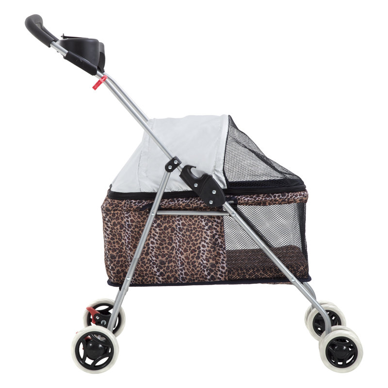 Leopard Print Folding Pet Stroller with Cup Holder