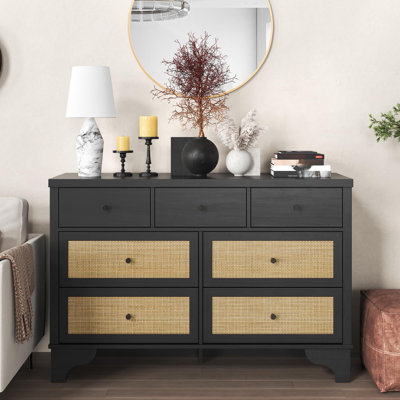 Commode pour chambre à coucher avec 7 tiroirs, commode double 7 tiroirs, commode en bois de 47,3 po de largeur avec organisateur de tiroir en bois avec base robuste pour le salon, l'entrée et le couloir