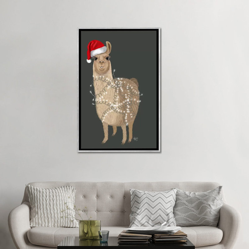 «Llama, Christmas Lights 1» par Fab Funky - impression d'art graphique, Encadrement argenté, Non mat