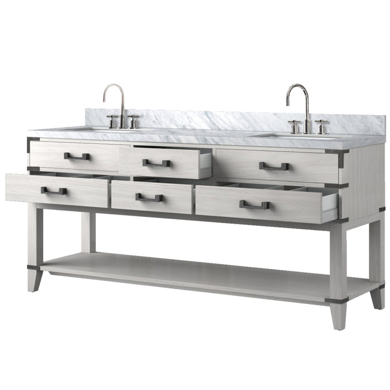 Meuble-lavabo double en chêne blanc 72 po - comptoir et robinet en marbre, fermeture en douceur, options de rangement adéquates x P 22 po avec vaste espace inclus