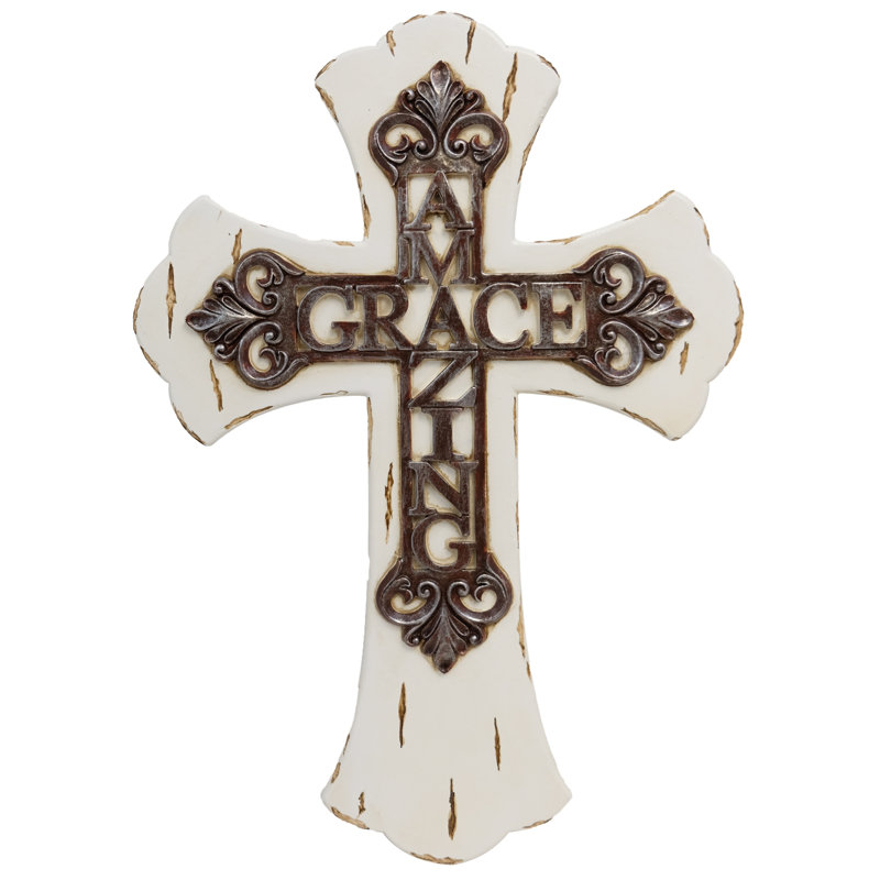 Polyresin Faux Wood Amazing Grace Distressed Faded White Religious Hanging Wall Cross Décor