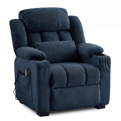 Oversized Blue Power Recliner Heat & Massage, 22" Wide Seat, Electric Lift Chair USB & Cup Holders