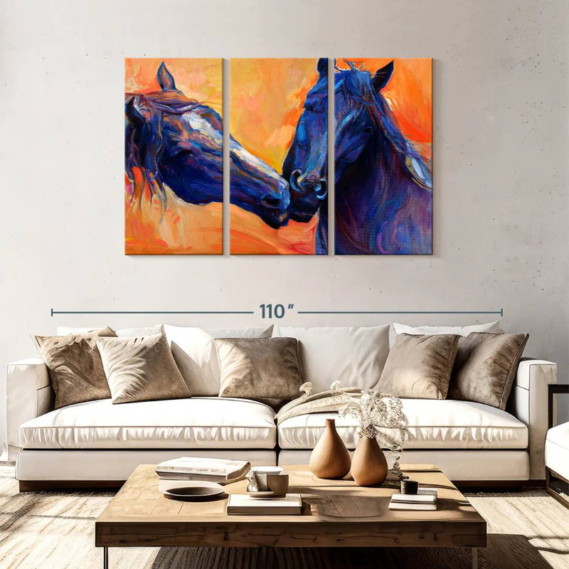 Bleu à motif de chevaux, H 48 po x l 74 po
