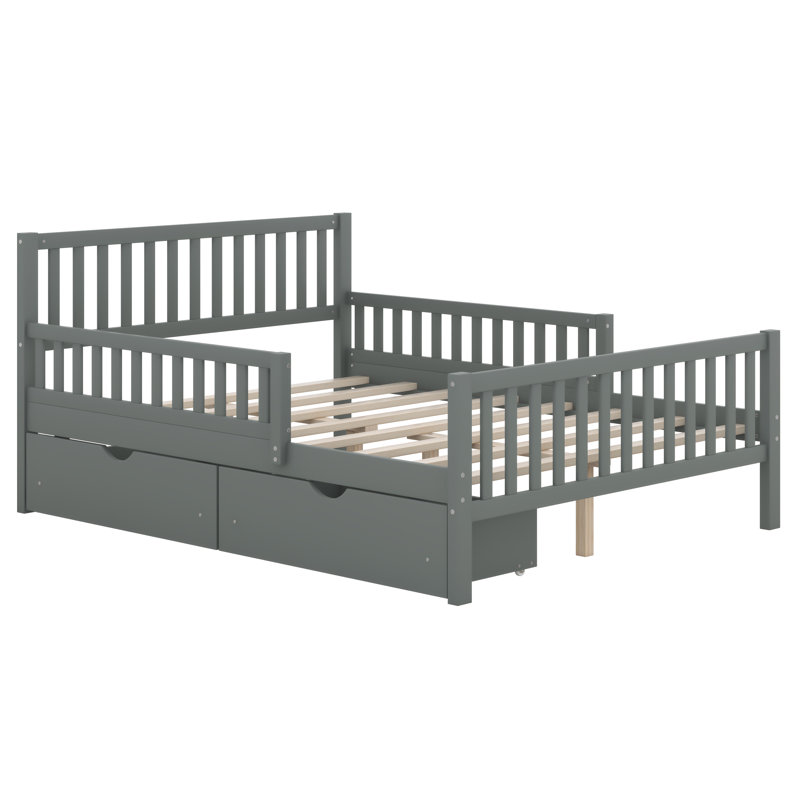 Lit plateforme avec 2 tiroirs de rangement et garde-corps des deux côtés, cadre de lit en bois pour chambre à coucher, chambre d'amis