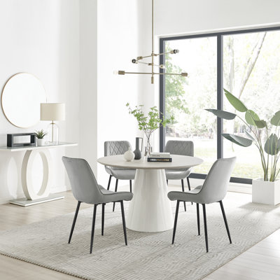 Edzard Statement 4 Person Round Dining Table Set in Luxury Stone Effect - Velvet Dining Chairs