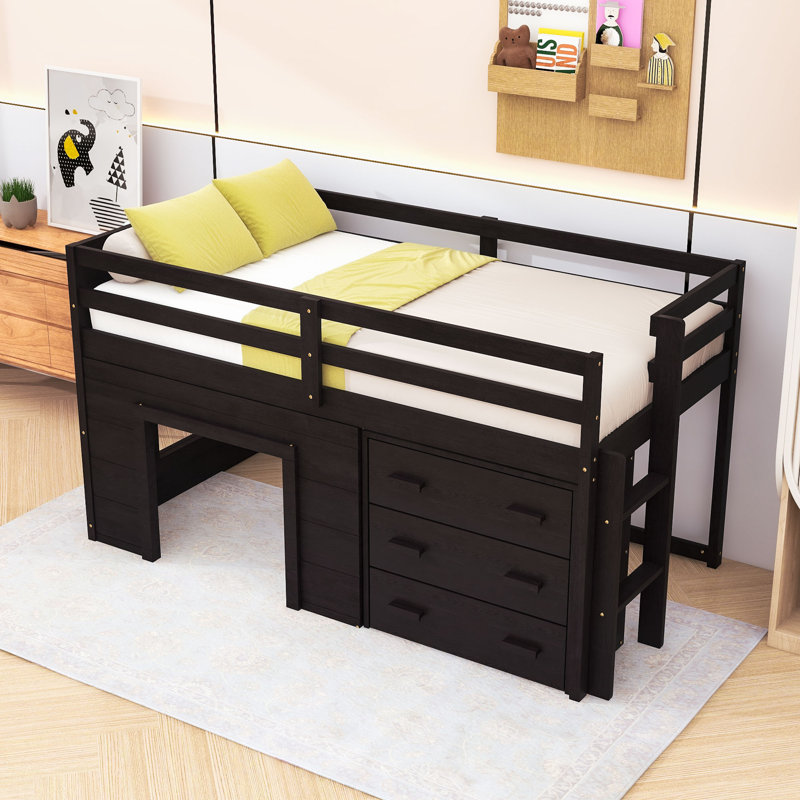 Twin Size Loft Bed With Storage Drawers And Guardrail, Espresso