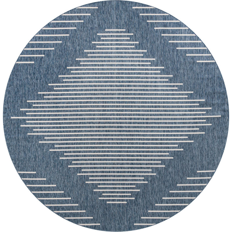 Tapis géométrique bleu en polypropylène tissé à la machine Wallington, Rond 13 pi