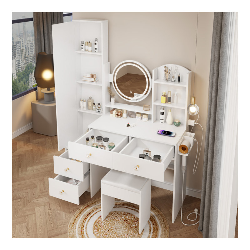 Armoire à miroir pleine grandeur + coiffeuse à miroir rond à DEL + tabouret rembourré, avec 2 centrales électriques + 2 centrales USB, miroir à DEL de 17 po de diamètre, commande tactile, 3 couleurs, luminosité réglable, grand bureau
