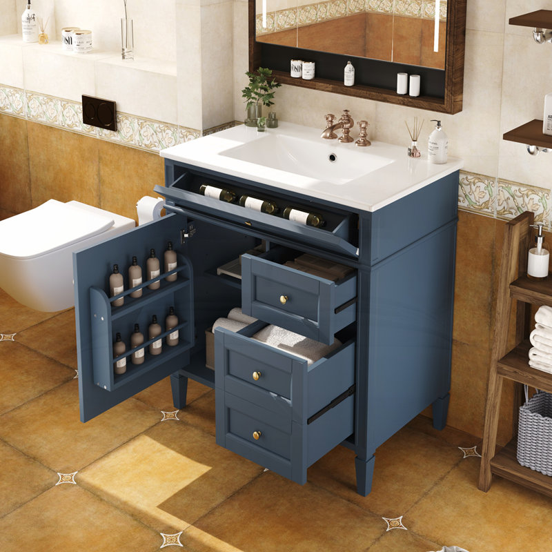 Meuble-lavabo de 30 po avec lavabo supérieur, Doré, Bleu