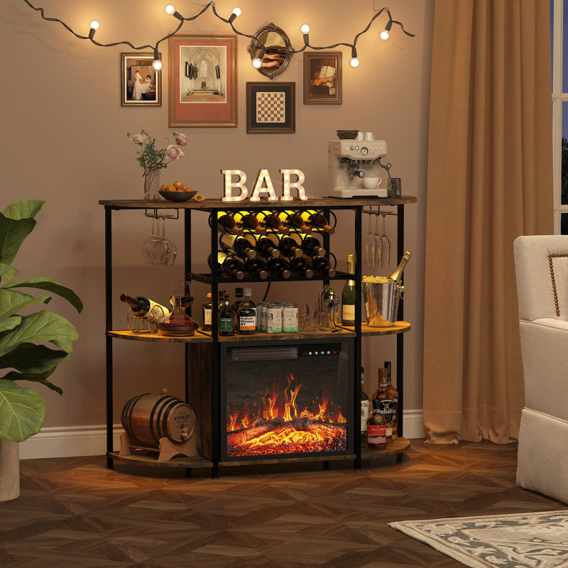 Bar 47 "avec foyer, support pour bar à vin avec porte-verre et support à vin, Brun rustique