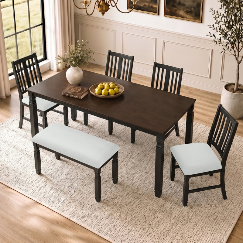 Ensemble de salle à manger extensible 6 pièces, table de salle à manger rectangulaire en placage avec rallonge amovible, 4 chaises et banc rembourrés, maison de campagne moderne, salle à manger