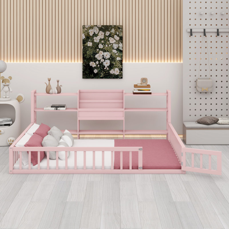 Base de lit multifonctionnelle avec clôture intégrée et tablettes de rangement, Queen, Pink