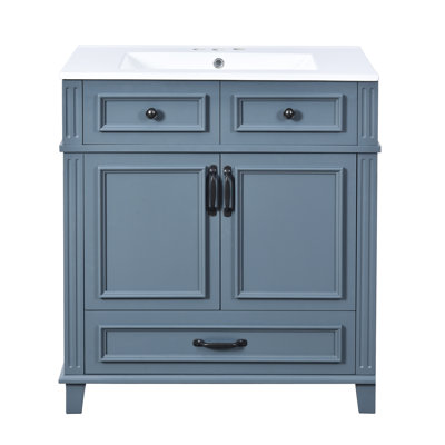 Meuble-lavabo bleu de style rétro de 30 po, structure en bois massif, lavabo en céramique, charnières à fermeture douce, rangement spacieux, poignée en métal exquise, glissière à tiroir lisse, lavabo brillant, quincaillerie, motif unique