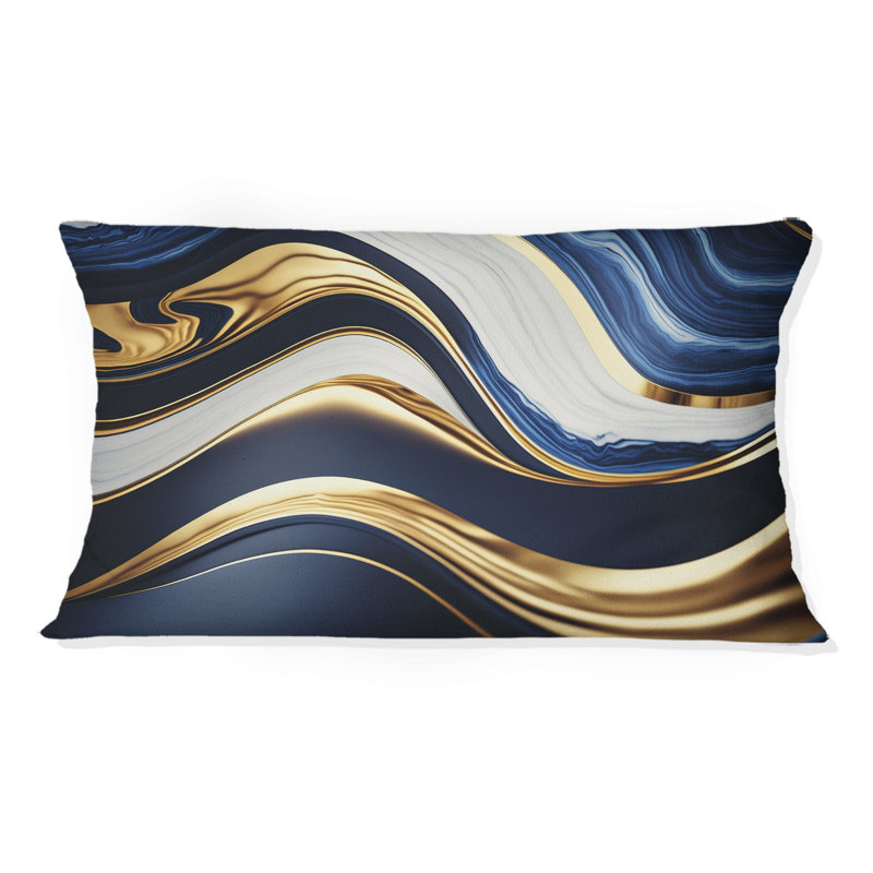 «Abstract Geode Waves» - oreiller imprimé en V bleu et doré, Rectangulaire, 12" x 20"